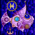 Stained glass illustration with an illustration of the steam punk sign of the horoscope pisces, tone blue