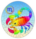 Stained glass illustration with an illustration of the steam punk sign of the horoscope scorpio, oval image Royalty Free Stock Photo