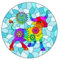 Stained glass illustration with an illustration of the steam punk sign of the horoscope Taurus, oval image Royalty Free Stock Photo