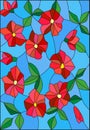 Stained glass illustration with intertwined abstract red flowers and leaves on a blue background Royalty Free Stock Photo