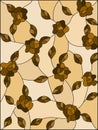 Stained glass illustration with intertwined roses and leaves ,monochrome,tone brown