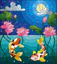Stained glass illustration with koi fish and Lotus flowers on a background of the starry sky and water