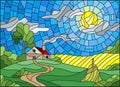 Stained glass illustration landscape with a lonely house amid field,sun and sky