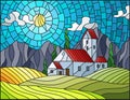 Stained glass illustration landscape with a lonely house amid fields, mountains and sky,autumn landscape