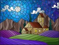 Stained glass illustration landscape with a lonely house amid lavender fields Royalty Free Stock Photo