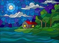 Stained glass illustration landscape with a lonely house on a background of starry sky,moon and sea Royalty Free Stock Photo