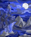 Stained glass illustration landscape with old castle on the background of sky, moon, river and mountains,gamma blue