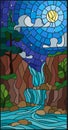 Stained glass illustration landscape ,the tree on the background of a waterfall, mountains, moon and starry sky Royalty Free Stock Photo