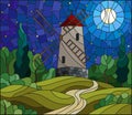 Stained glass illustration landscape with a windmill on a background of starry sky and moon