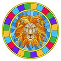 Stained glass illustration with a lion`s head , a circular image with bright frame