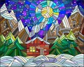 Stained glass illustration with a lone house on a background of mountains and the night sky