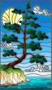 Stained glass illustration with a lone pine tree standing on the Bank on the background of sky, sun and water