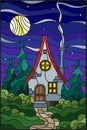 Stained glass illustration with a lonely house on a background of green forest. starry sky and the moon Royalty Free Stock Photo