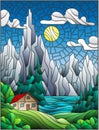 Stained glass illustration with a lonely house on a background of pine forests, lakes , mountains and day-Sunny sky with clouds Royalty Free Stock Photo