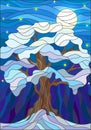 Stained glass illustration , lonely snow-covered tree against the night sky and the moon