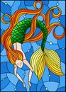 Stained glass illustration with mermaid with long red hair on water and air bubbles background Royalty Free Stock Photo