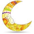 Stained glass illustration with a moon with faces, isolated on a white background