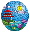 Stained glass illustration with a mountain landscape, an Eastern temple against the background of a Sunny sky and a lake with Lotu Royalty Free Stock Photo