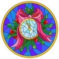 Stained glass illustration for the New year, watches and Holly in the round frame