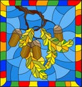 Stained glass illustration with oak branch with acorns and leaves leaf on blue background,in a bright frame Royalty Free Stock Photo