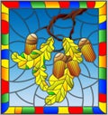 Stained glass illustration with oak branch with acorns and leaves leaf on blue background,in a bright frame Royalty Free Stock Photo