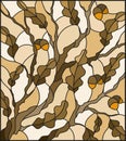 Stained glass illustration with oak branch with acorns and leaves leaf ,tone brown,Sepia Royalty Free Stock Photo