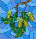 Stained glass illustration with oak branch with immature acorns and leaves leaf on blue background Royalty Free Stock Photo