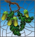 Stained glass illustration with oak branch with immature acorns and leaves leaf on blue background Royalty Free Stock Photo