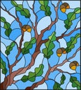 Stained glass illustration with oak branch with immature acorns and leaves leaf Royalty Free Stock Photo