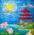 Stained glass illustration with Oriental landscape, the Eastern Church with the red roof against the cloudy sky and sun, a river