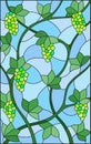 Stained glass illustration painting with a bunches of green grapes and leaves on blue background Royalty Free Stock Photo