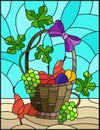 Stained glass illustration painting with a still life, fruit basket, and fruits on a blue background Royalty Free Stock Photo