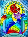 Stained glass illustration with a pair of abstract geometric rainbow cats on a blue background with sun