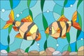 Stained glass illustration with a pair of aquarium fish barbs