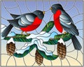 Stained glass illustration with a pair of birds bullfinches on snow-covered spruce branches with cones on a background of the sky