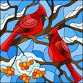 Stained glass illustration , pair of birds cardinals sitting on a branch of mountain ash on a background of sky and no snow Royalty Free Stock Photo