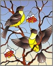 Stained glass illustration with a pair of birds titmouses on snow-covered mountain ash branches with berries on a background of t