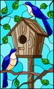 Stained glass illustration with a pair of bright blue birds and a birdhouse on a background of tree branches and sky Royalty Free Stock Photo