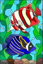 Stained glass illustration with a pair bright fishes on the background of water and algae