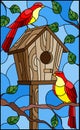 Stained glass illustration with a pair of bright red birds and a birdhouse on a background of tree branches and sky Royalty Free Stock Photo