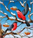 Stained glass illustration with a pair of bullfinches, on the background of snow-covered mountain ash tree