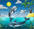 Stained glass illustration with a pair of dolphins on the background of water ,cloud, sky ,sun and Islands with palm trees Royalty Free Stock Photo