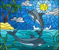 Stained glass illustration with a pair of dolphins on the background of water , cloud, sky , sun and Islands with palm trees