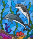 Stained glass illustration with a pair of dolphins on the background of water and the seabed