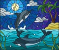 Stained glass illustration with a pair of dolphins on the background of water ,tarry cloud, sky ,moon and Islands with palm trees