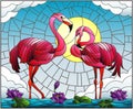 Stained glass illustration with pair of Flamingo , Lotus flowers and reeds on a pond in the sun, sky and clouds