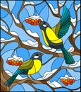 Stained glass illustration with a pair of great Tits birds on the branches Royalty Free Stock Photo