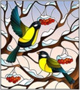Stained glass illustration with a pair of great Tits birds on the branches of a Rowan tree on the background of snow, berries and