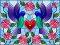 Stained glass illustration with a pair of hummingbirds and a heart against the sky and flowers