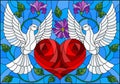 Stained glass illustration with a pair of pigeons and a heart against the sky and flowers